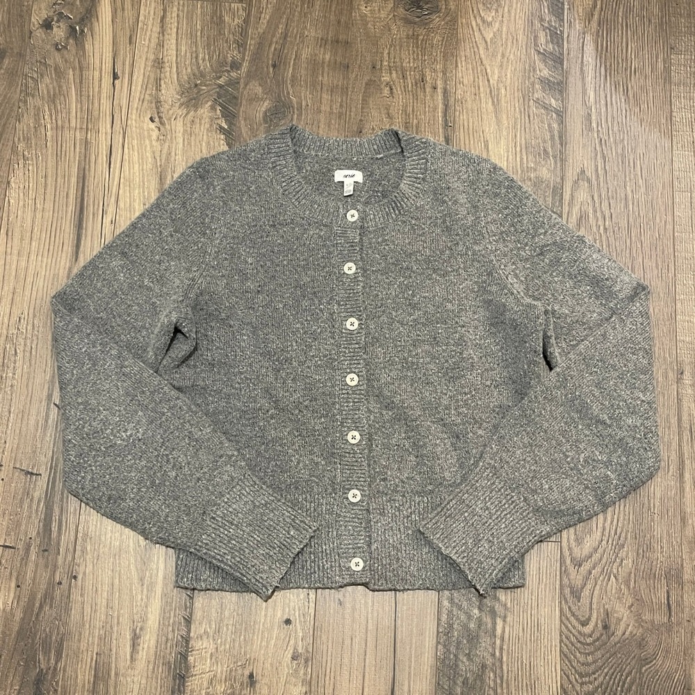 Aerie Womens Gray Heathered Button Front Crewneck Cardigan Wool Blend Size S